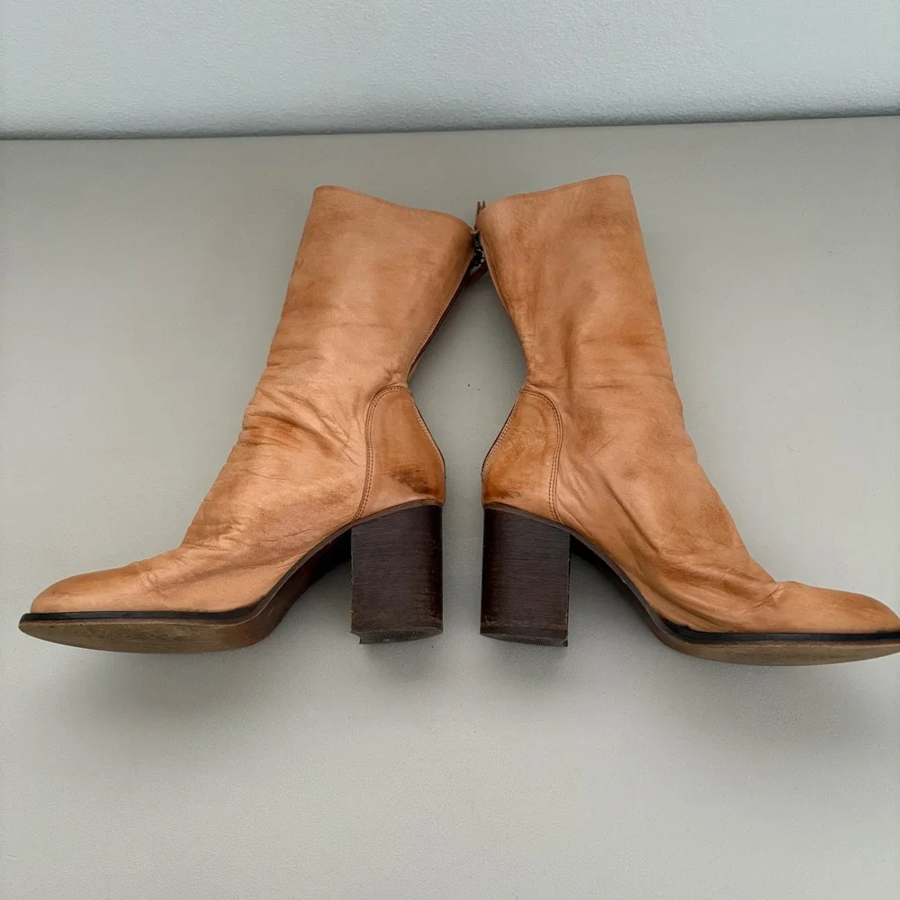 Free People Elle Block Heel Boot Slouchy Leather Back Zipper EU 39 US 8.5 Tan - Picture 3 of 11